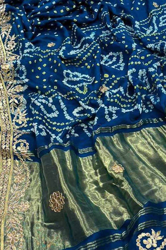 Elegant Blue Bandhani Gajji Silk Saree with Gota Work - Luxurion World