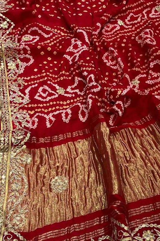 Exquisite Red Bandhani Gajji Silk Saree with Hand Gota Work - Luxurion World