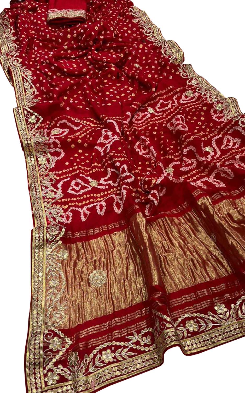 Exquisite Red Bandhani Gajji Silk Saree with Hand Gota Work - Luxurion World