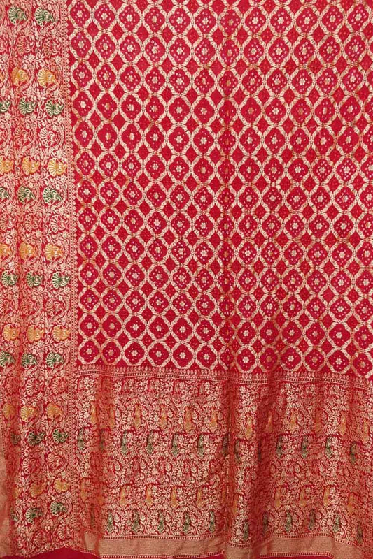 Red Banarasi Bandhani Handloom Pure Georgette Saree - Luxurion World