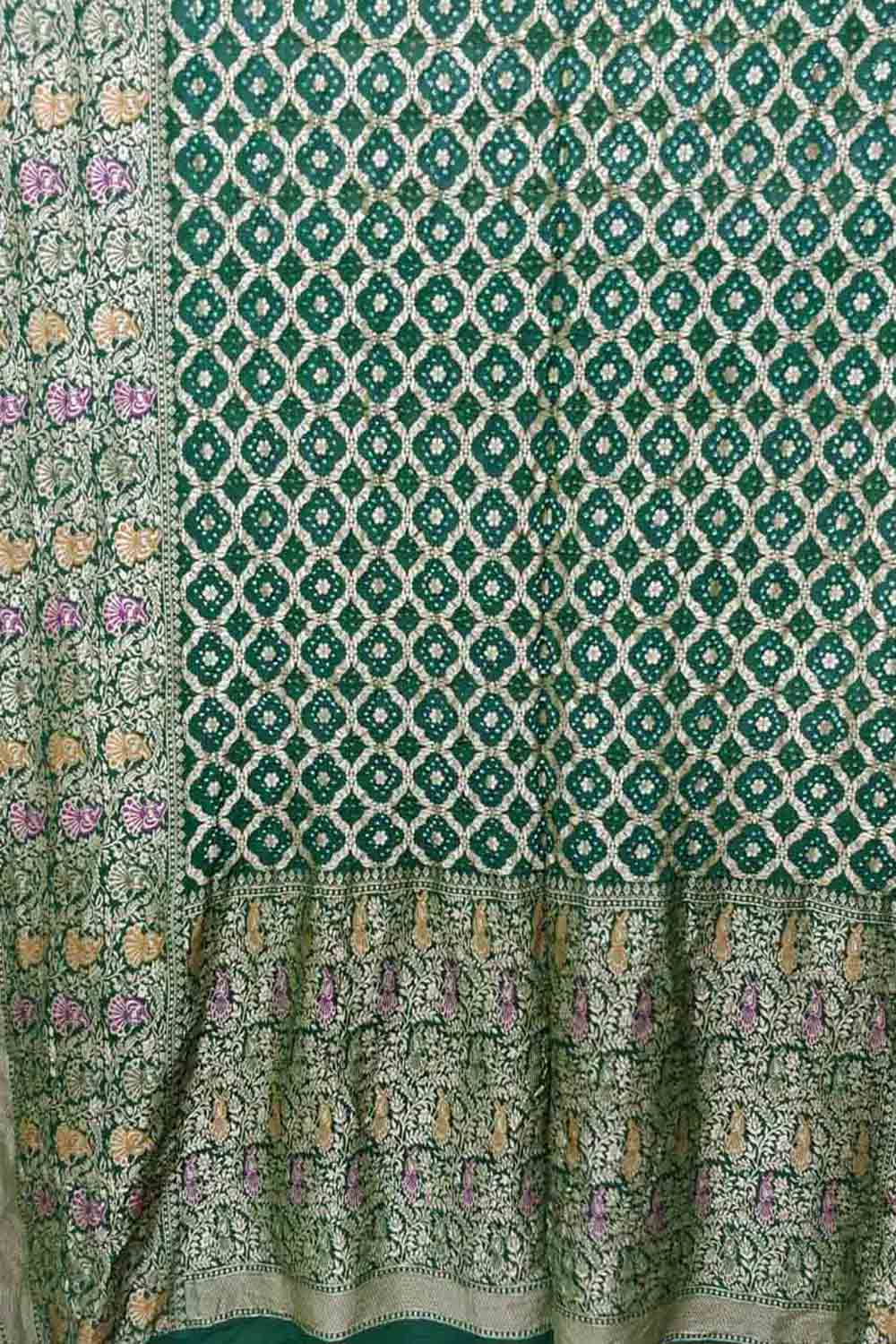 Green Banarasi Bandhani Handloom Pure Georgette Saree - Luxurion World