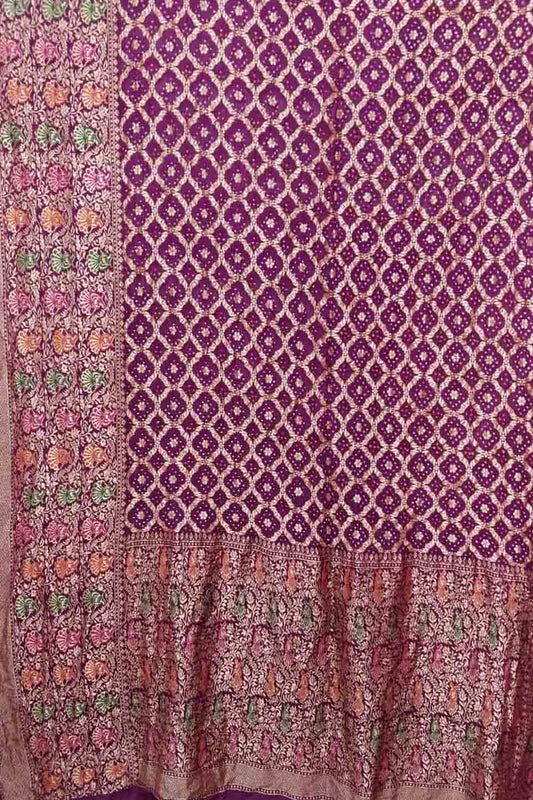 Purple Banarasi Bandhani Handloom Pure Georgette Saree - Luxurion World