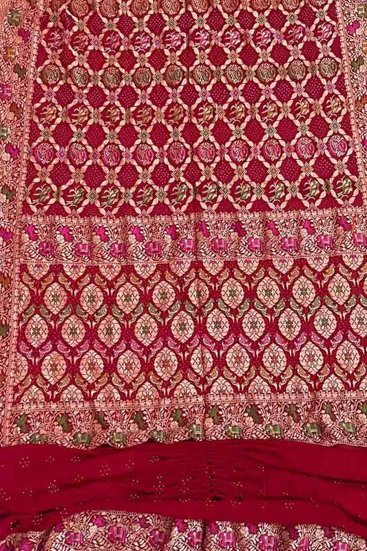 Red Banarasi Bandhani Pure Georgette Saree - Luxurion World