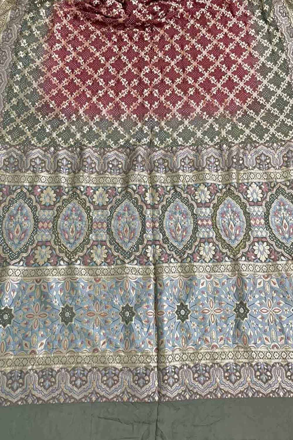 Grey And Red Banarasi Bandhani Pure Georgette Saree - Luxurion World