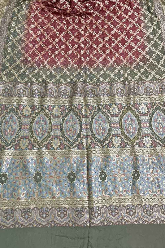Grey And Red Banarasi Bandhani Pure Georgette Saree - Luxurion World