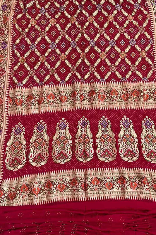 Red Banarasi Bandhani Pure Georgette Saree - Luxurion World