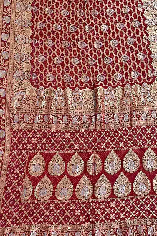 Red Banarasi Bandhani Pure Georgette Saree - Luxurion World