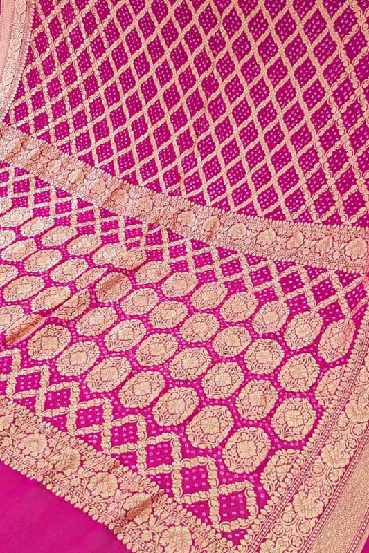 Pink Banarasi Bandhani Handloom Pure Georgette Saree