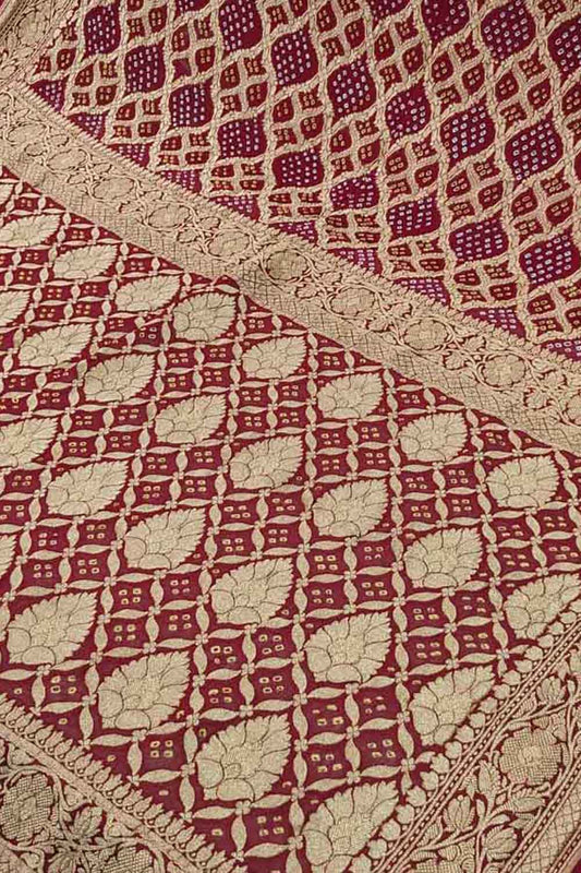 Maroon Banarasi Bandhani Handloom Pure Georgette Saree - Luxurion World