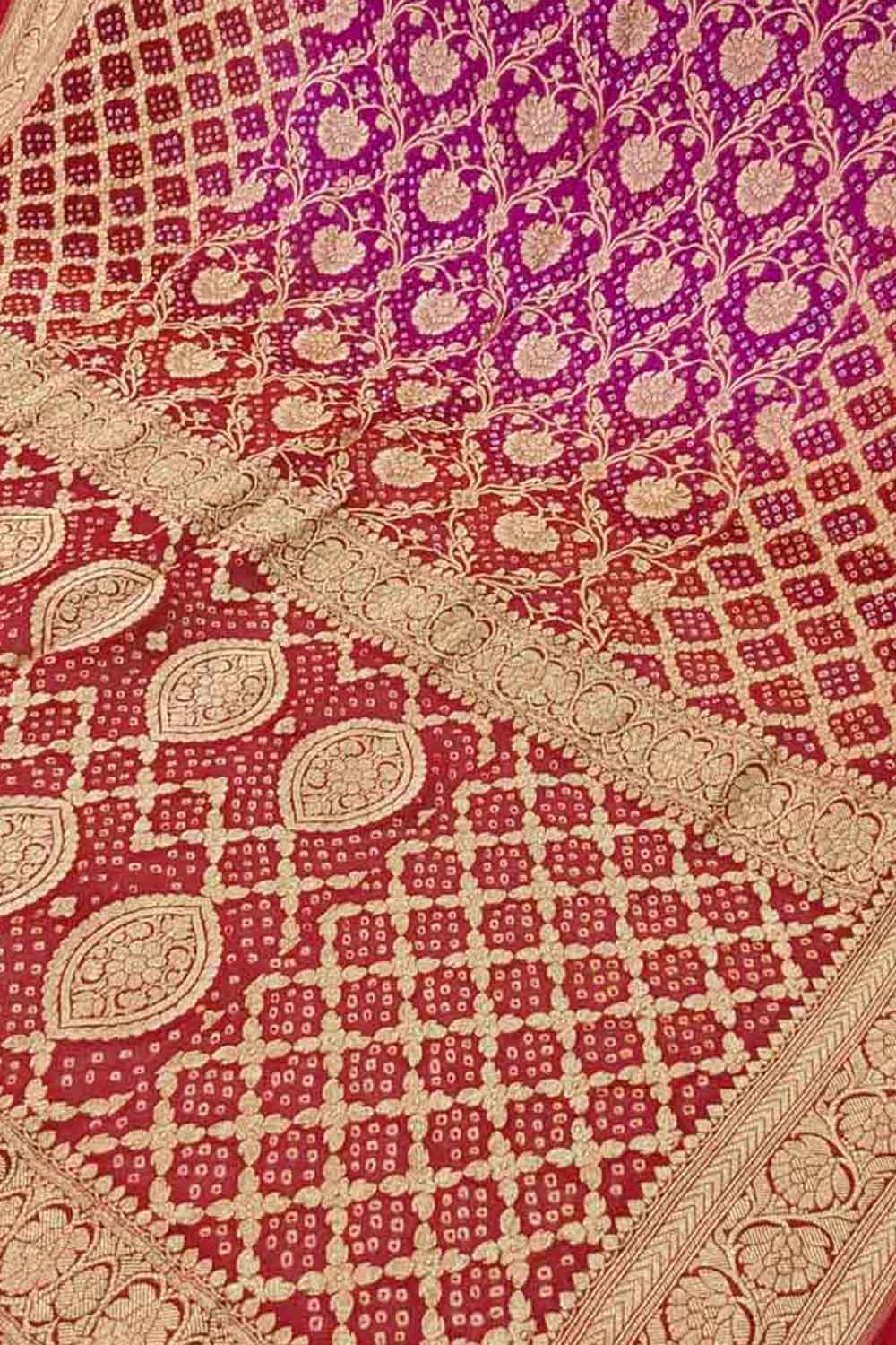 Red And Purple Banarasi Bandhani Handloom Pure Georgette Saree - Luxurion World
