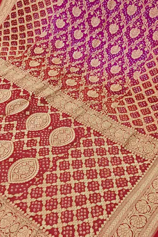 Red And Purple Banarasi Bandhani Handloom Pure Georgette Saree - Luxurion World
