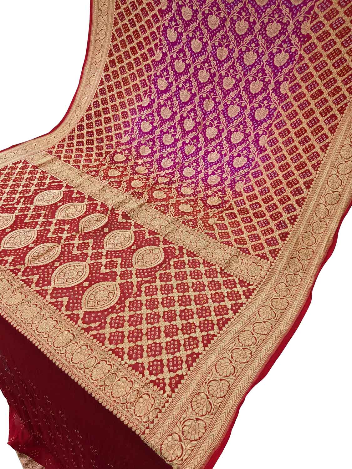 Red And Purple Banarasi Bandhani Handloom Pure Georgette Saree