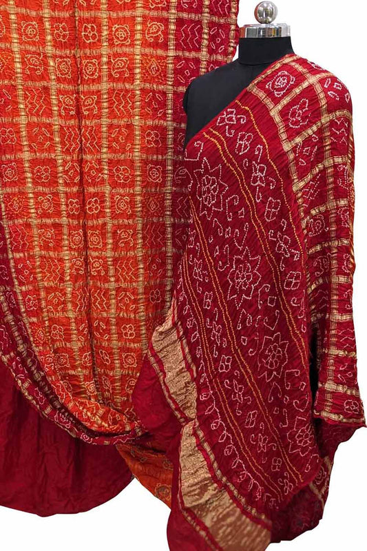Red And Orange Checks Bandhani Pure Gajji Silk Gharchola Saree - Luxurion World