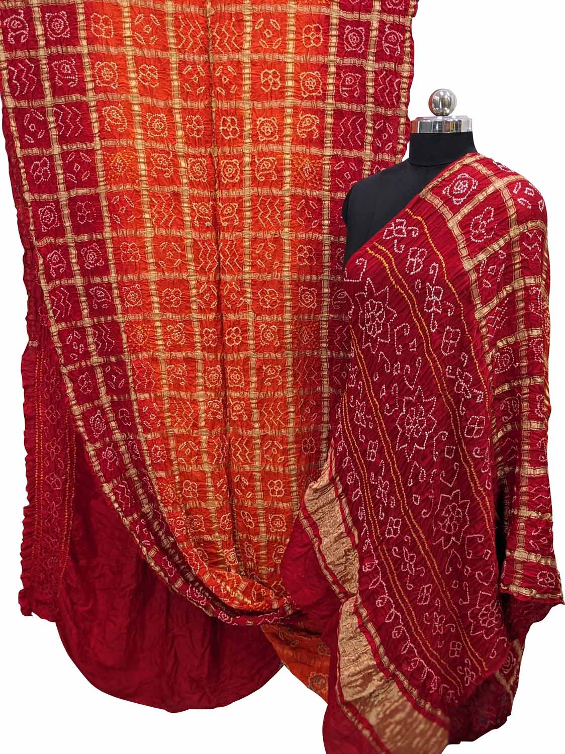 Red And Orange Checks Bandhani Pure Gajji Silk Gharchola Saree - Luxurion World