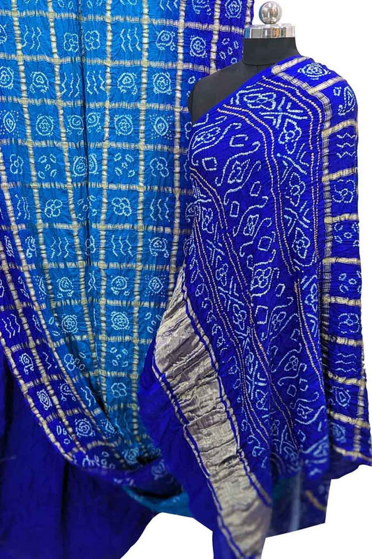Blue Checks Bandhani Pure Gajji Silk Gharchola Saree - Luxurion World