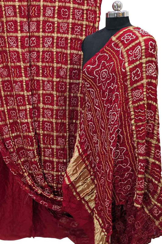 Red Checks Bandhani Pure Gajji Silk Gharchola Saree - Luxurion World