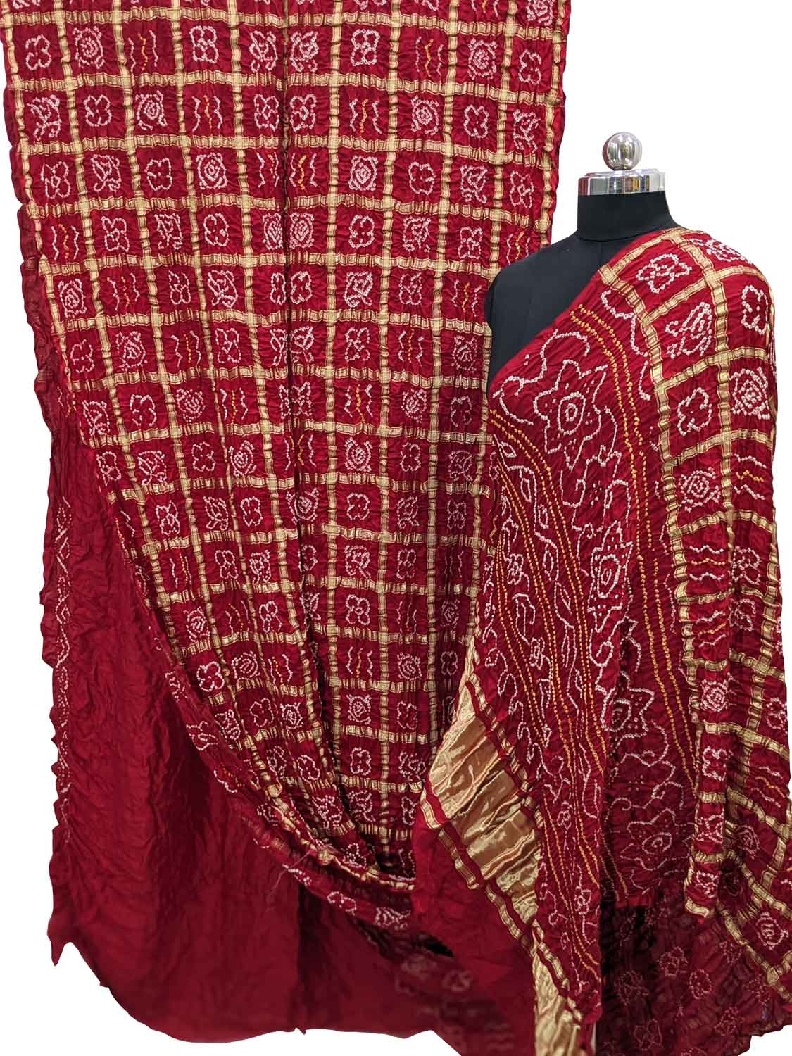 Red Checks Bandhani Pure Gajji Silk Gharchola Saree - Luxurion World