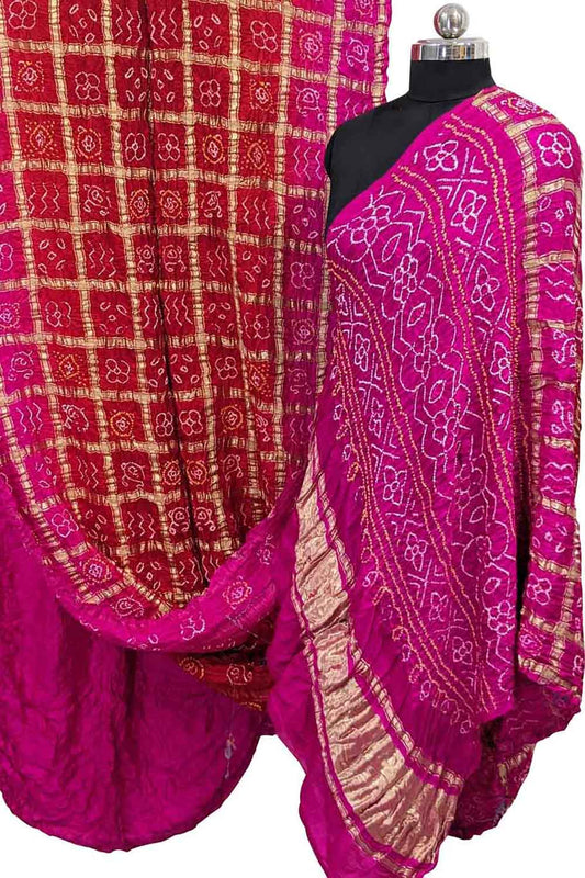 Pink And Red Checks Bandhani Pure Gajji Silk Gharchola Saree - Luxurion World