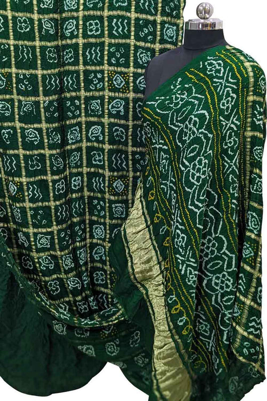 Green Checks Bandhani Pure Gajji Silk Gharchola Saree - Luxurion World