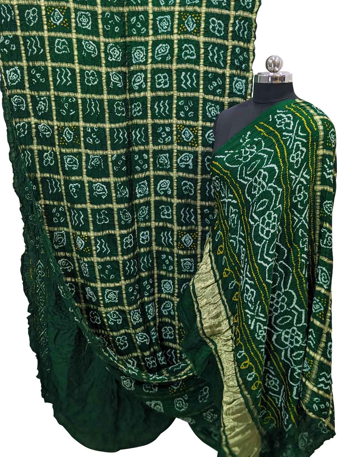 Green Checks Bandhani Pure Gajji Silk Gharchola Saree - Luxurion World