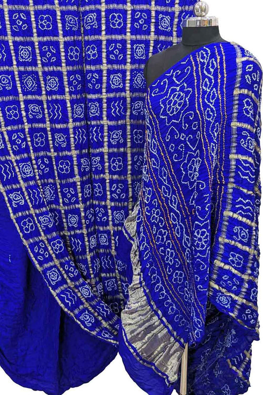 Blue Checks Bandhani Pure Gajji Silk Gharchola Saree - Luxurion World