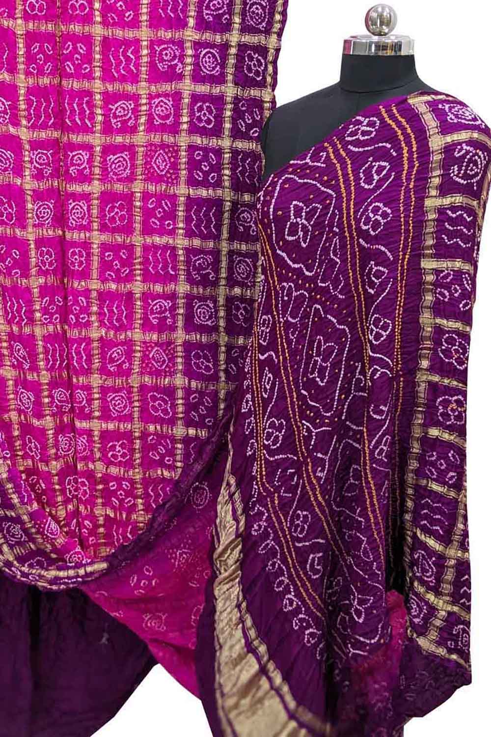 Purple And Pink Checks Bandhani Pure Gajji Silk Gharchola Saree - Luxurion World