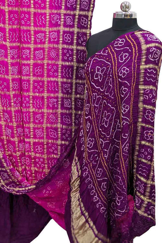 Purple And Pink Checks Bandhani Pure Gajji Silk Gharchola Saree - Luxurion World