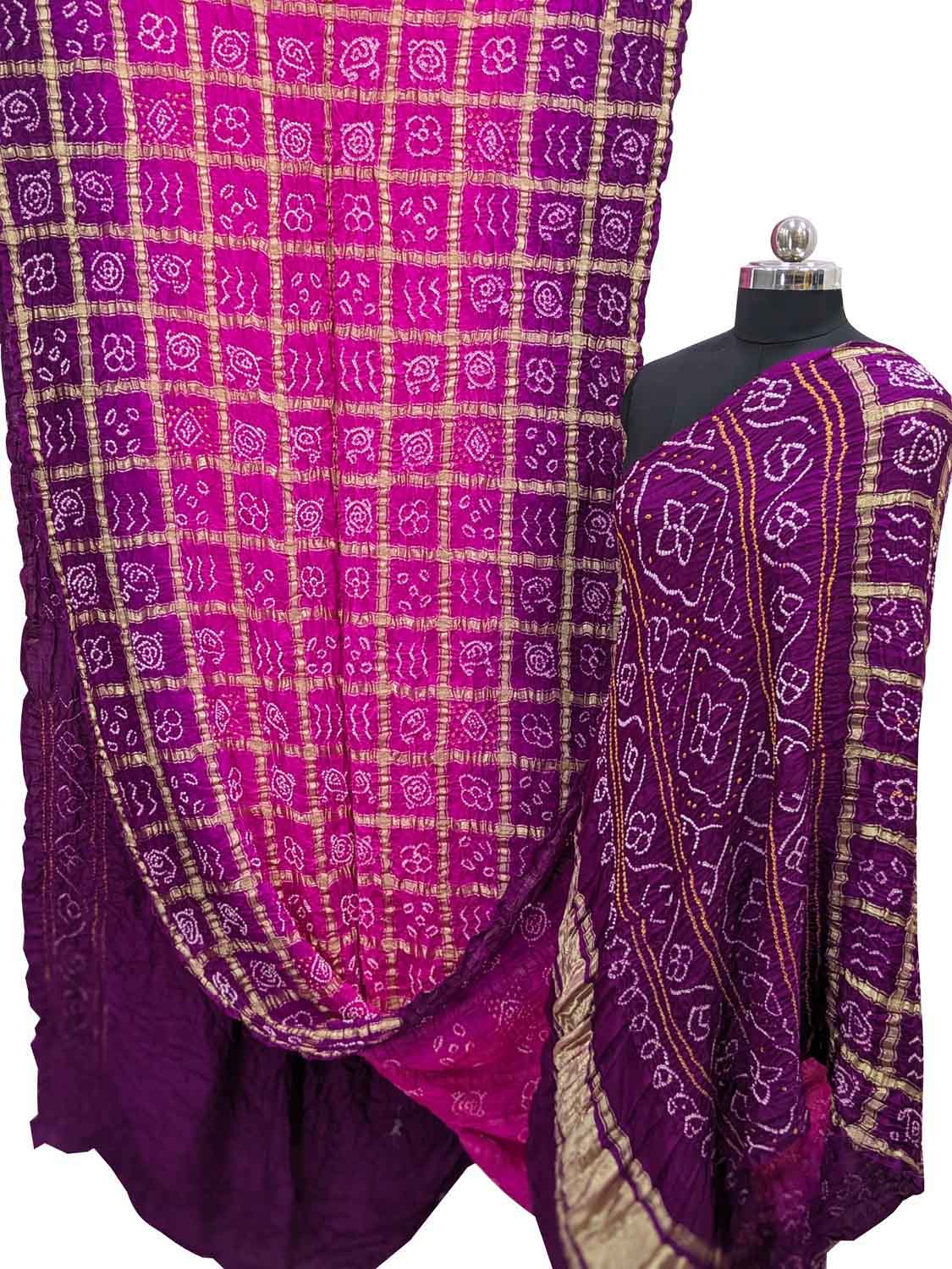 Purple And Pink Checks Bandhani Pure Gajji Silk Gharchola Saree - Luxurion World