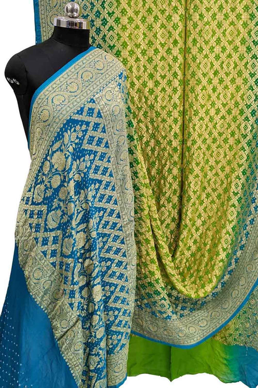 Stunning Blue & Green Banarasi Bandhani Georgette Saree - Luxurion World