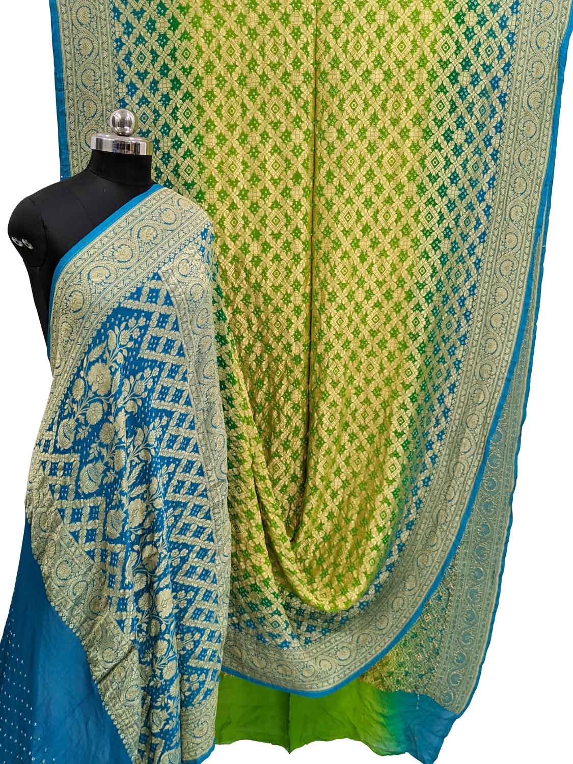 Stunning Blue & Green Banarasi Bandhani Georgette Saree - Luxurion World