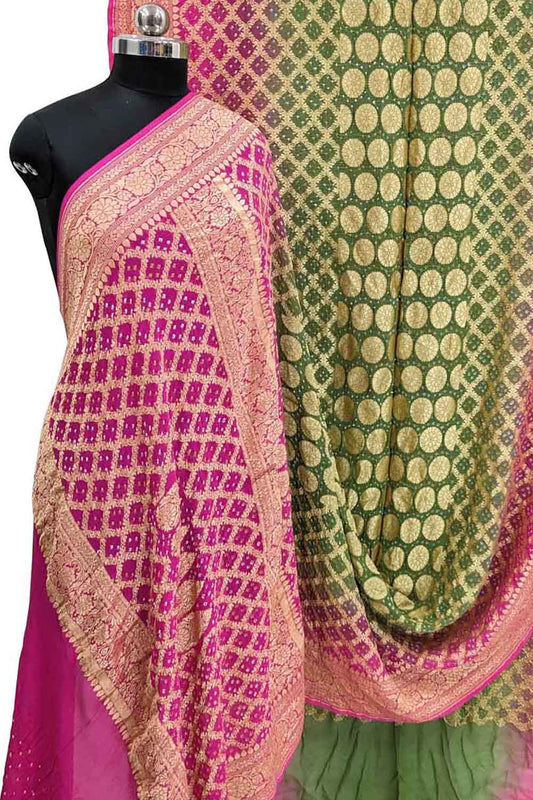Stunning Pink & Green Banarasi Bandhani Georgette Saree: A Timeless Classic
