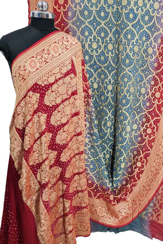 Elegant Red & Grey Banarasi Bandhani Georgette Saree: A Stunning Masterpiece