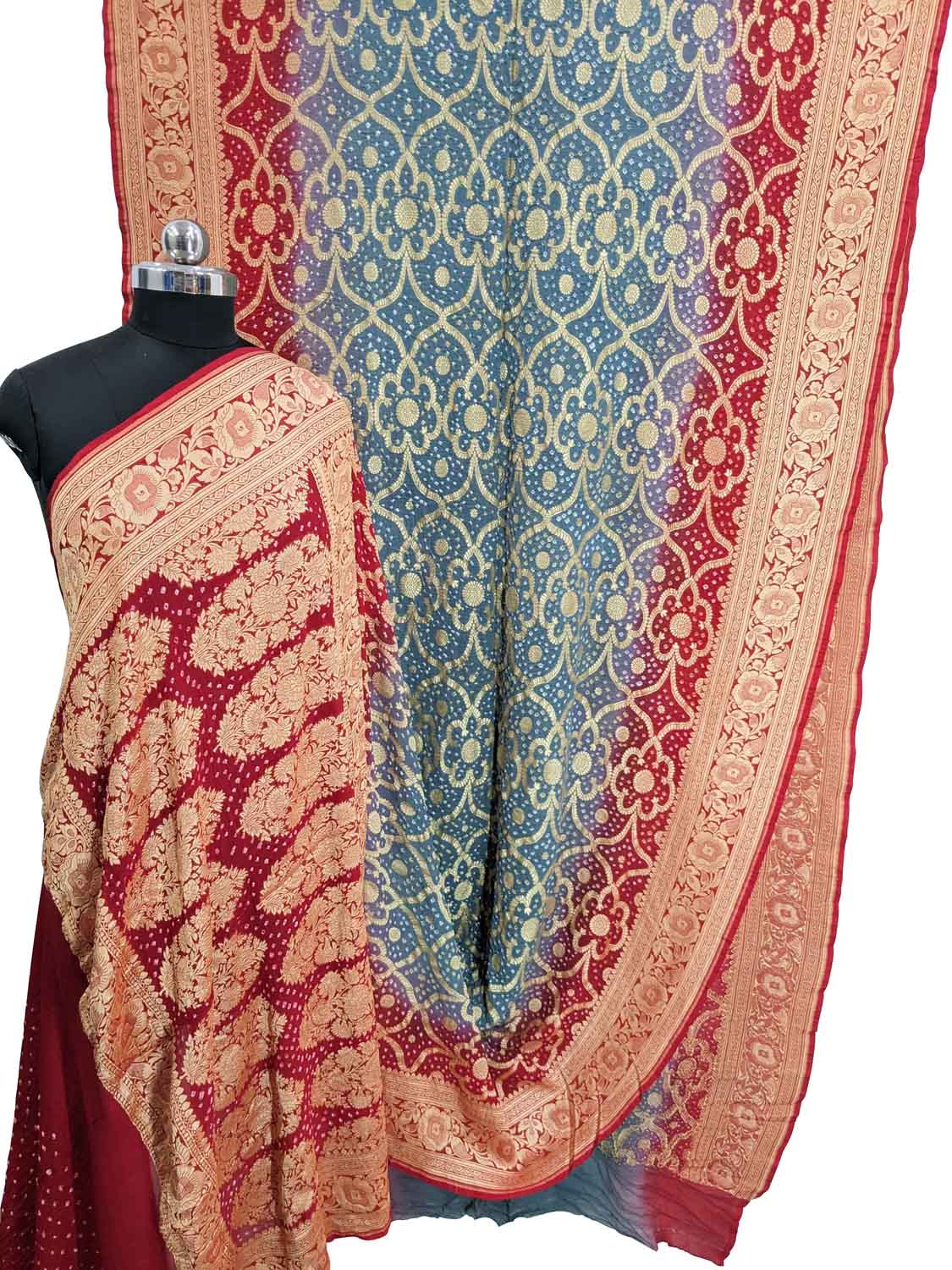 Elegant Red & Grey Banarasi Bandhani Georgette Saree: A Stunning Masterpiece - Luxurion World
