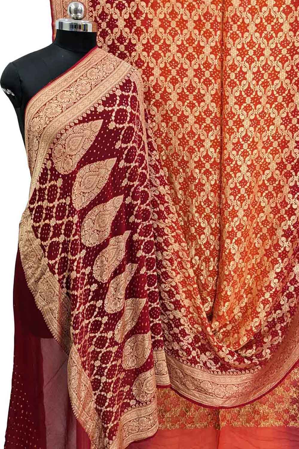 Stunning Red & Orange Banarasi Bandhani Georgette Saree - Luxurion World