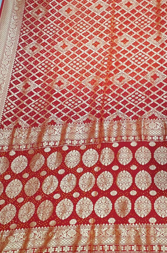 Red Banarasi Bandhani Pure Georgette Saree - Luxurion World