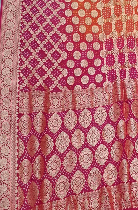 Red Banarasi Bandhani Pure Georgette Saree - Luxurion World