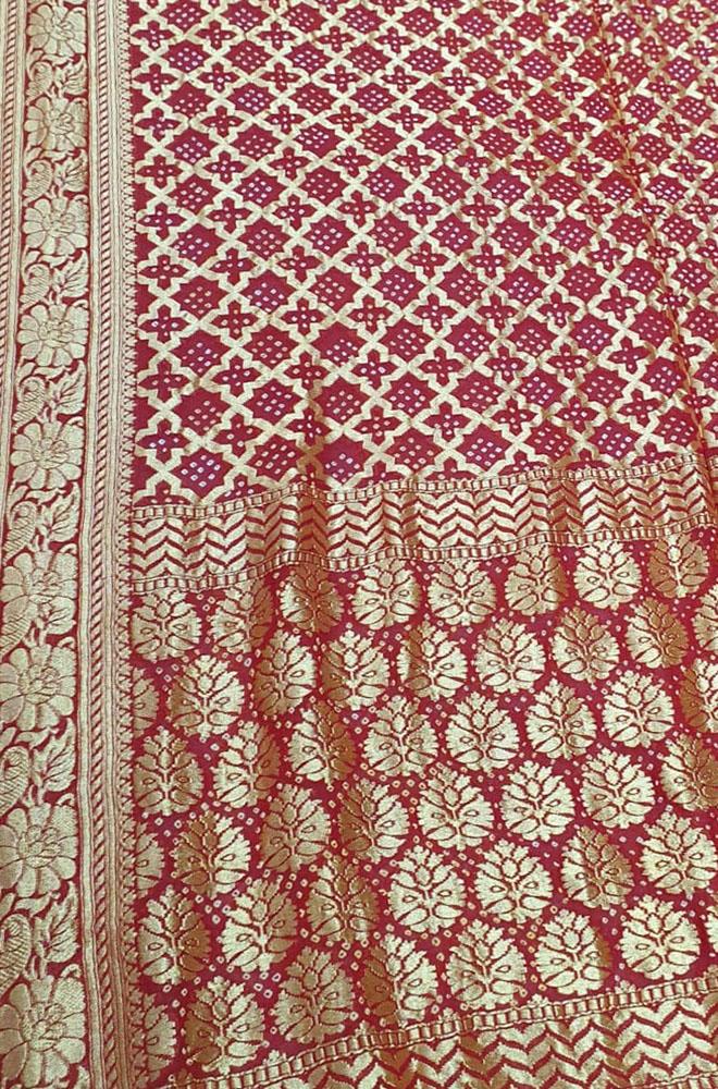 Red Banarasi Bandhani Pure Georgette Saree - Luxurion World