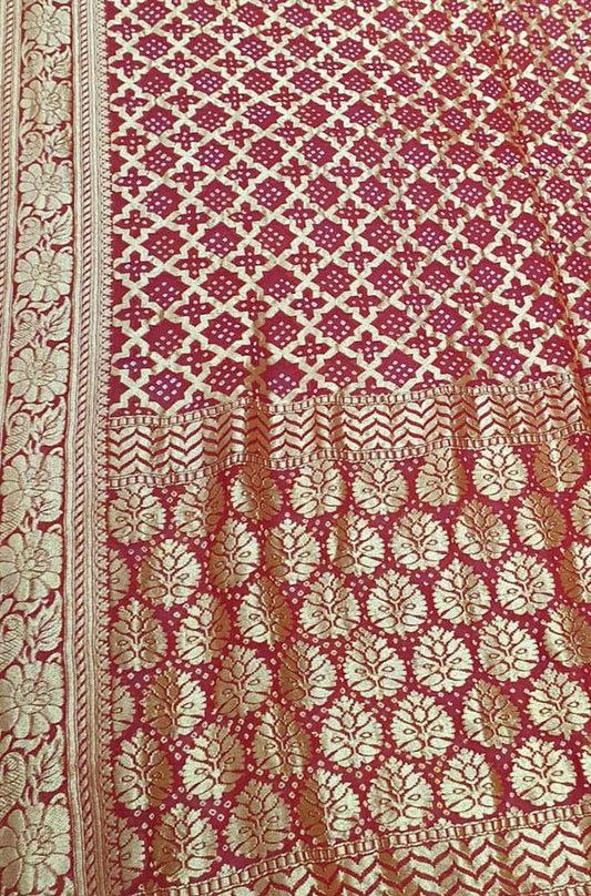 Red Banarasi Bandhani Pure Georgette Saree - Luxurion World