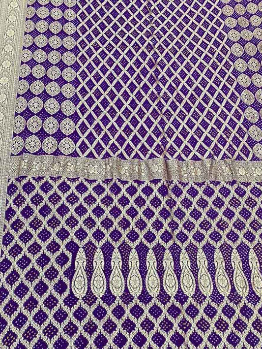 Purple Banarasi Bandhani Pure Georgette Neemzari Saree - Luxurion World