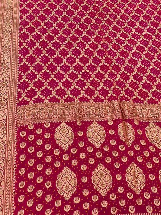 Pink Banarasi Bandhani Pure Georgette Neemzari Saree - Luxurion World