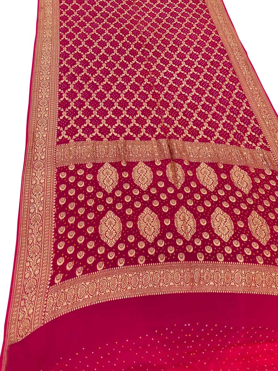Pink Banarasi Bandhani Pure Georgette Neemzari Saree - Luxurion World