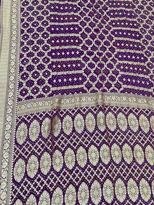 Purple Banarasi Bandhani Pure Georgette Neemzari Saree - Luxurion World