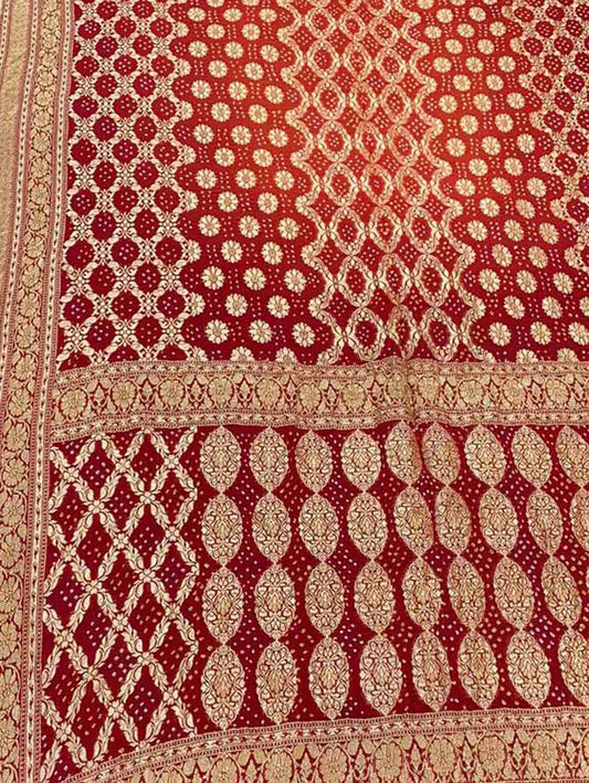 Orange And Red Banarasi Bandhani Pure Georgette Neemzari Saree - Luxurion World