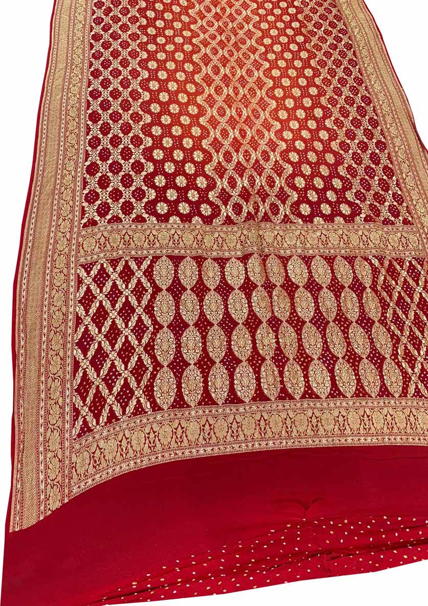 Orange And Red Banarasi Bandhani Pure Georgette Neemzari Saree - Luxurion World