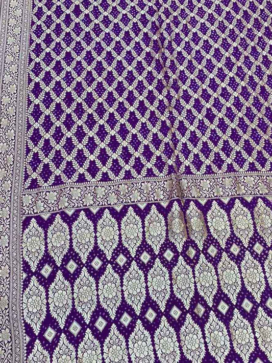 Purple Banarasi Bandhani Pure Georgette Neemzari Saree - Luxurion World