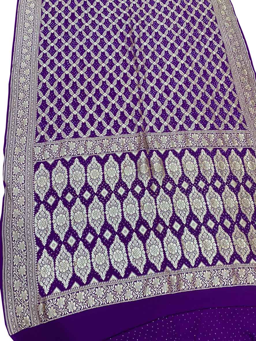 Purple Banarasi Bandhani Pure Georgette Neemzari Saree - Luxurion World
