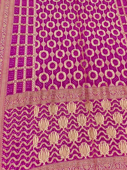 Pink Banarasi Bandhani Pure Georgette Neemzari Saree - Luxurion World