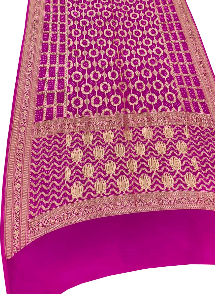 Pink Banarasi Bandhani Pure Georgette Neemzari Saree - Luxurion World