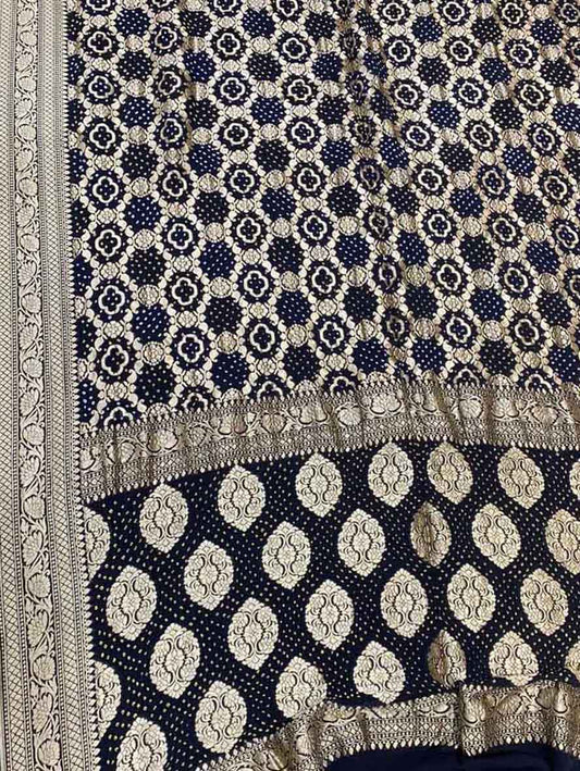 Blue Banarasi Bandhani Pure Georgette Neemzari Saree - Luxurion World