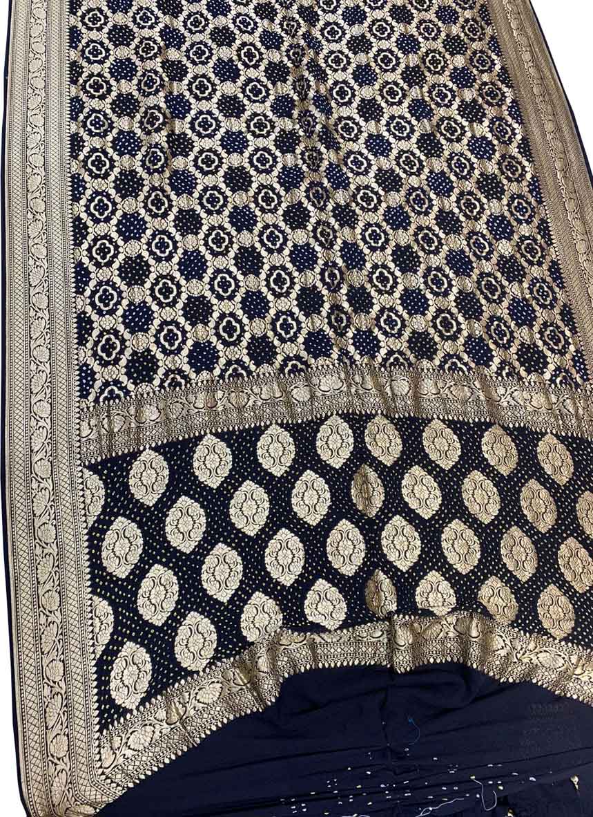Blue Banarasi Bandhani Pure Georgette Neemzari Saree - Luxurion World